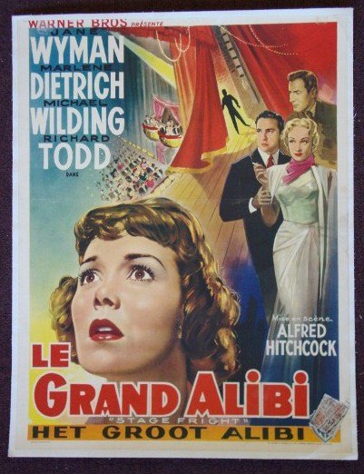 STAGE FRIGHT MOVIE POSTER: Warner Bros. 1950. Le Grand Alibi. Directed by Hitchcock. Wyman, Dietrich, Wilding, Todd. Linen backed. Belgian version. 14 x 18-3/4 VF-F