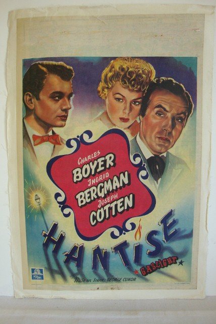 GASLIGHT MOVIE POSTER: MGM, 1944 or R-55. Ingrid Bergman, Charles Boyer, Joseph Colton. Belgian version. 14-1/2 x 21-1/2 VF-F
