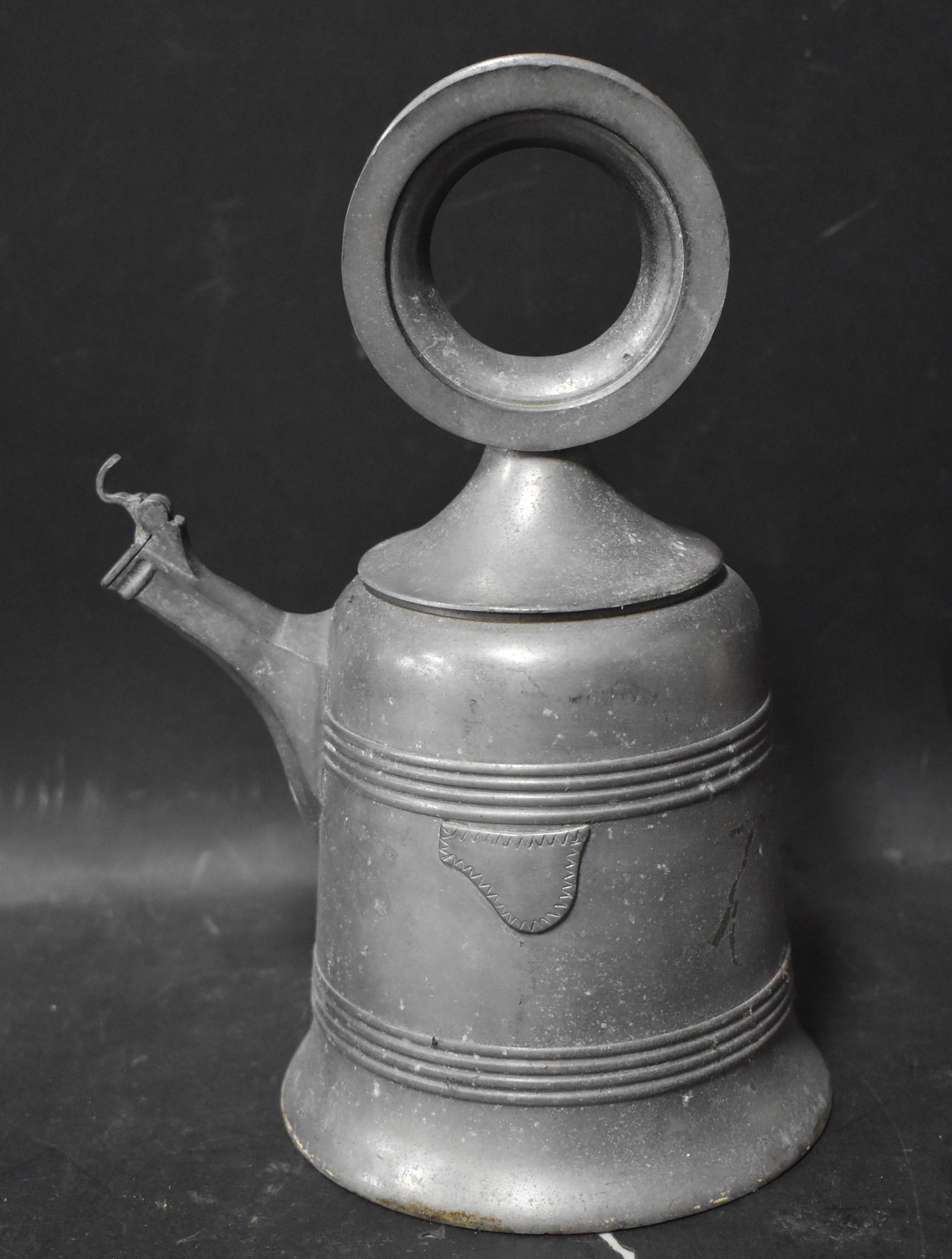 Antique Pewter Bell Jug: Marked "HF 97%" at the bottom. Sticker for Boutique Arious Fluck in Zurich. 9.75 in tall.