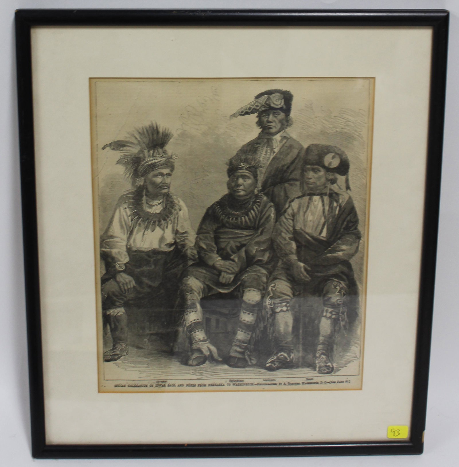 Engraving. Indian Delegation Iowas Saos and Foxes.: Indian Delegation of Iowa's Saos and Foxes from Nebraska to Washington Photographed by A. Gardner Washington D.C. Harpers Weekly 1866. 16"H x 14 1/4"