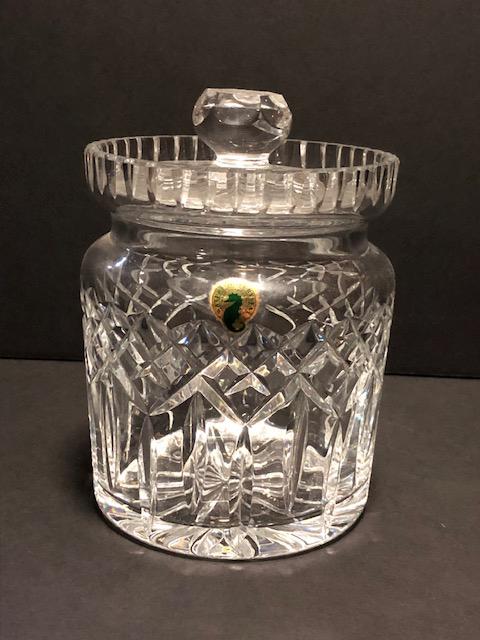 Waterford Crystal Biscuit Jar w/lid: Waterford Crystal Biscuit Jar w/lid and paper label Measures 7” high, base diameter 4 1/2”