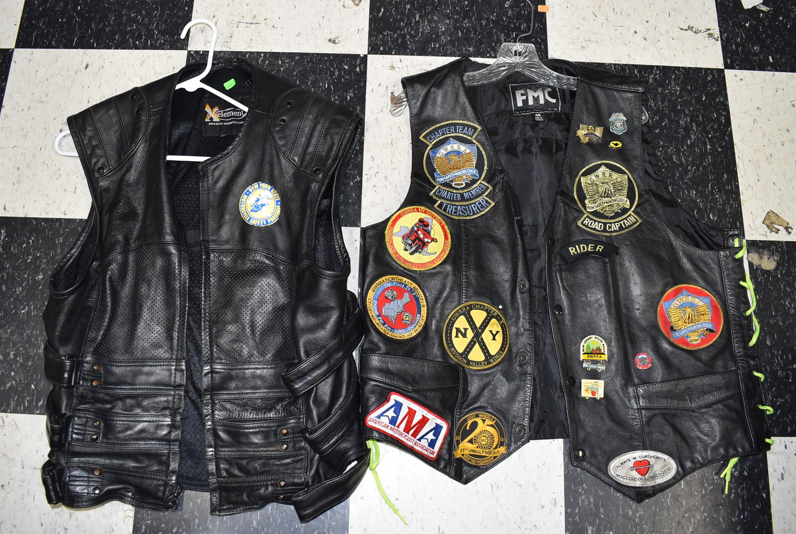 Leather Biker Vests (2): WRRA. Hudson Valley. Sizes 46 & XL. One with many collectible pins.