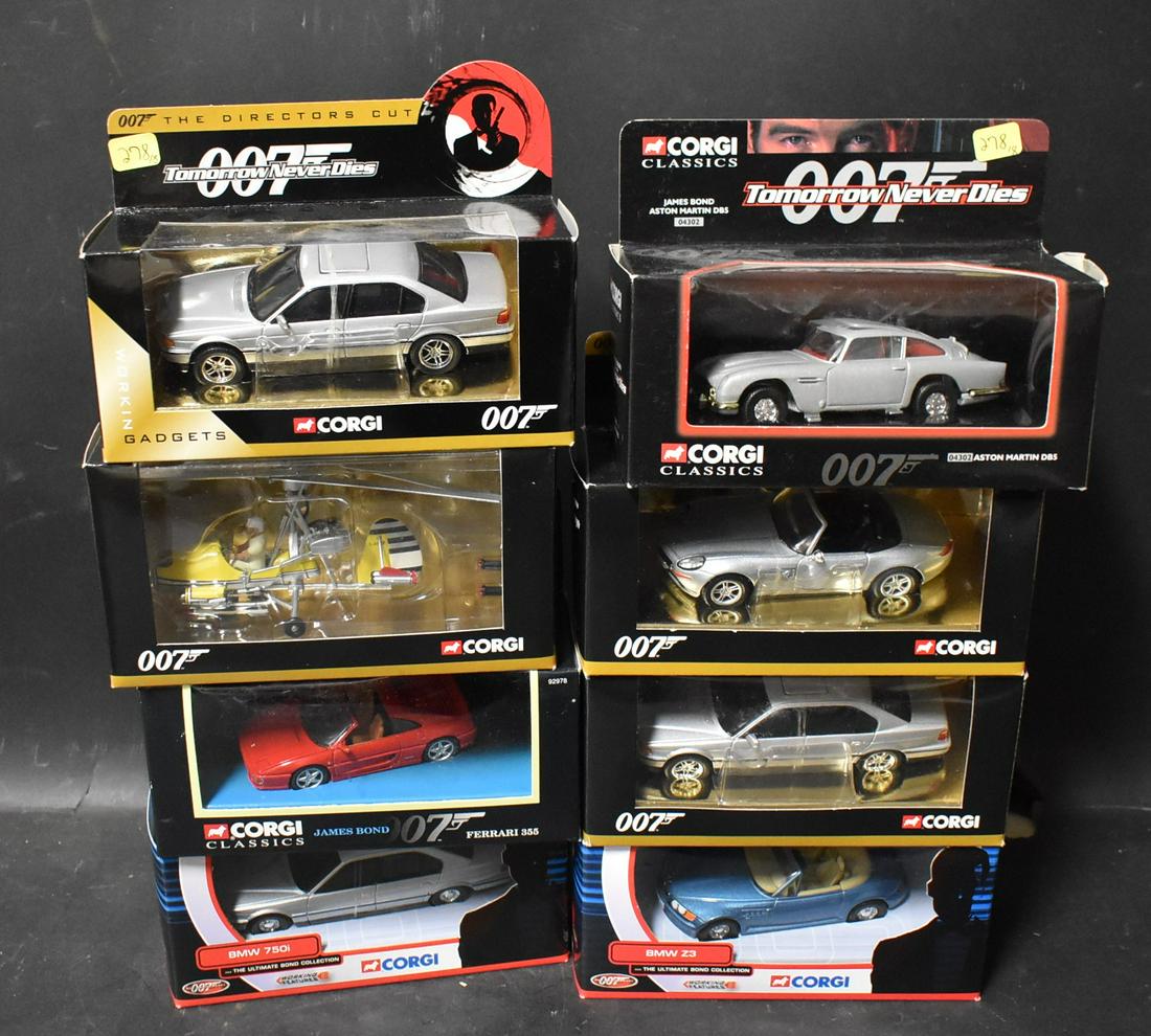 James Bond Collectible Cars (8): Aston Martin DB5, BMW Z8, BMW 750i (3), BMW Z3, Ferrari 355, and Gyrocopter. All still in original packaging.