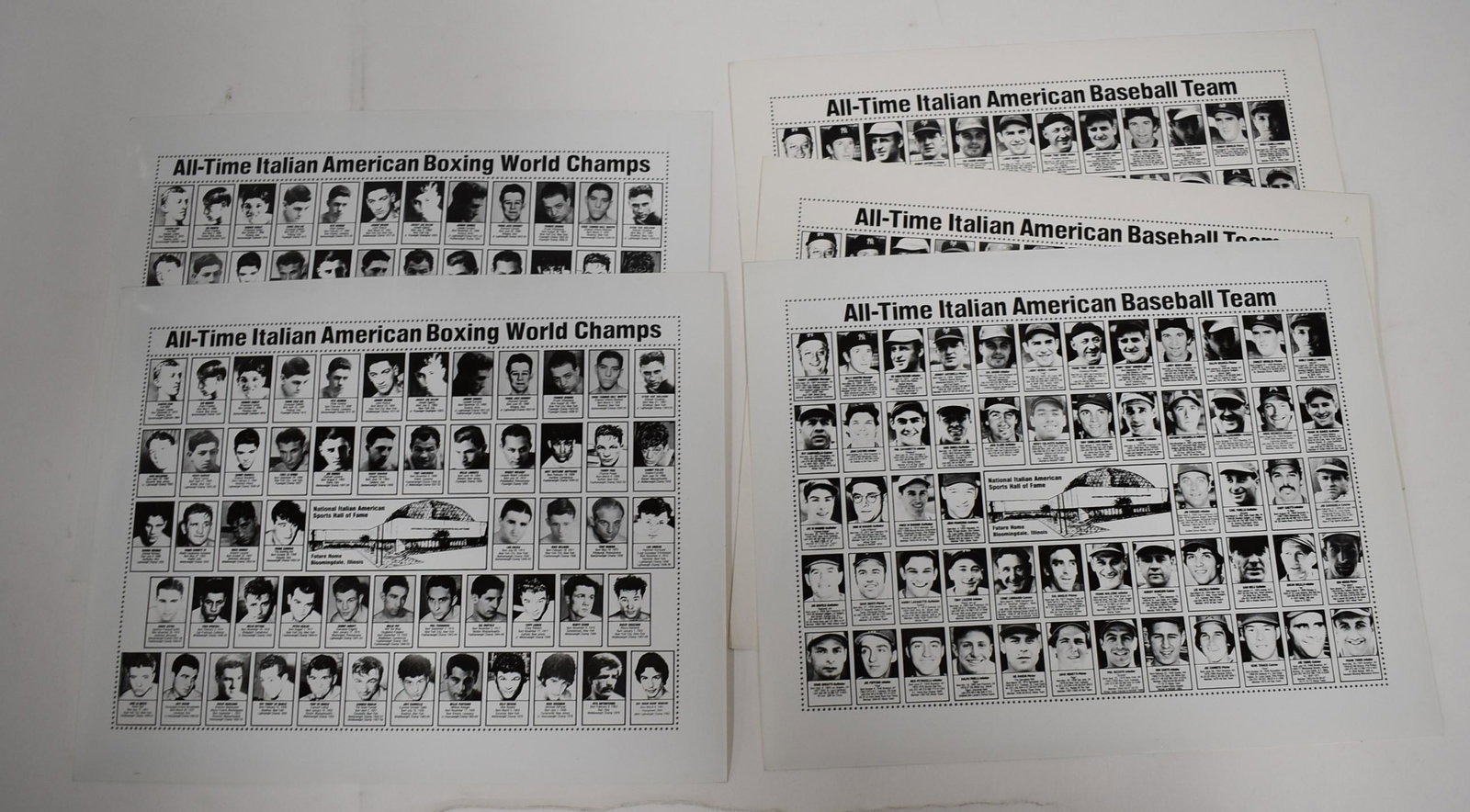 Italian-American Baseball and Boxing Greats (5): Advertisements for the National Italian-American Sports Hall of Fame planned for Bloomingdale, Illinois. Boxing World Champs (2). Italian-American baseball team (3). All 8 x 10.