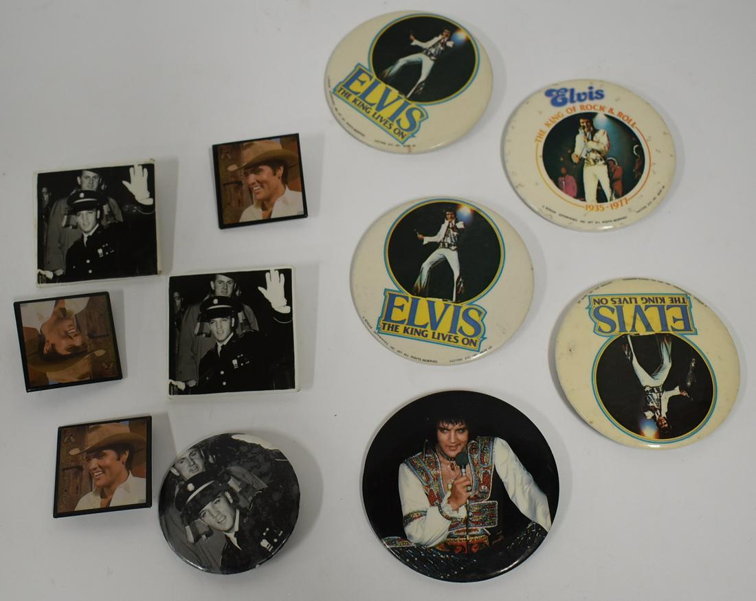Rare Lot of Elvis Pinbacks (11): 1977 Boxcar (4); 1978 photographic; In military uniform (3); in a cowboy hat (3). Varying sizes. 3" round to 1.5" square.