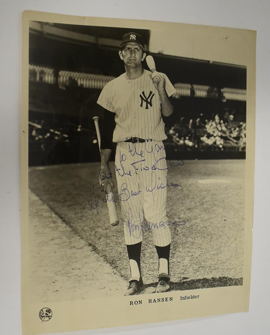 Autographed Ron Hansen Yankee Photograph: Signed in ink "To the gang at the Fin and Claw, with best wishes, Ron Hansen". 8 x 10.