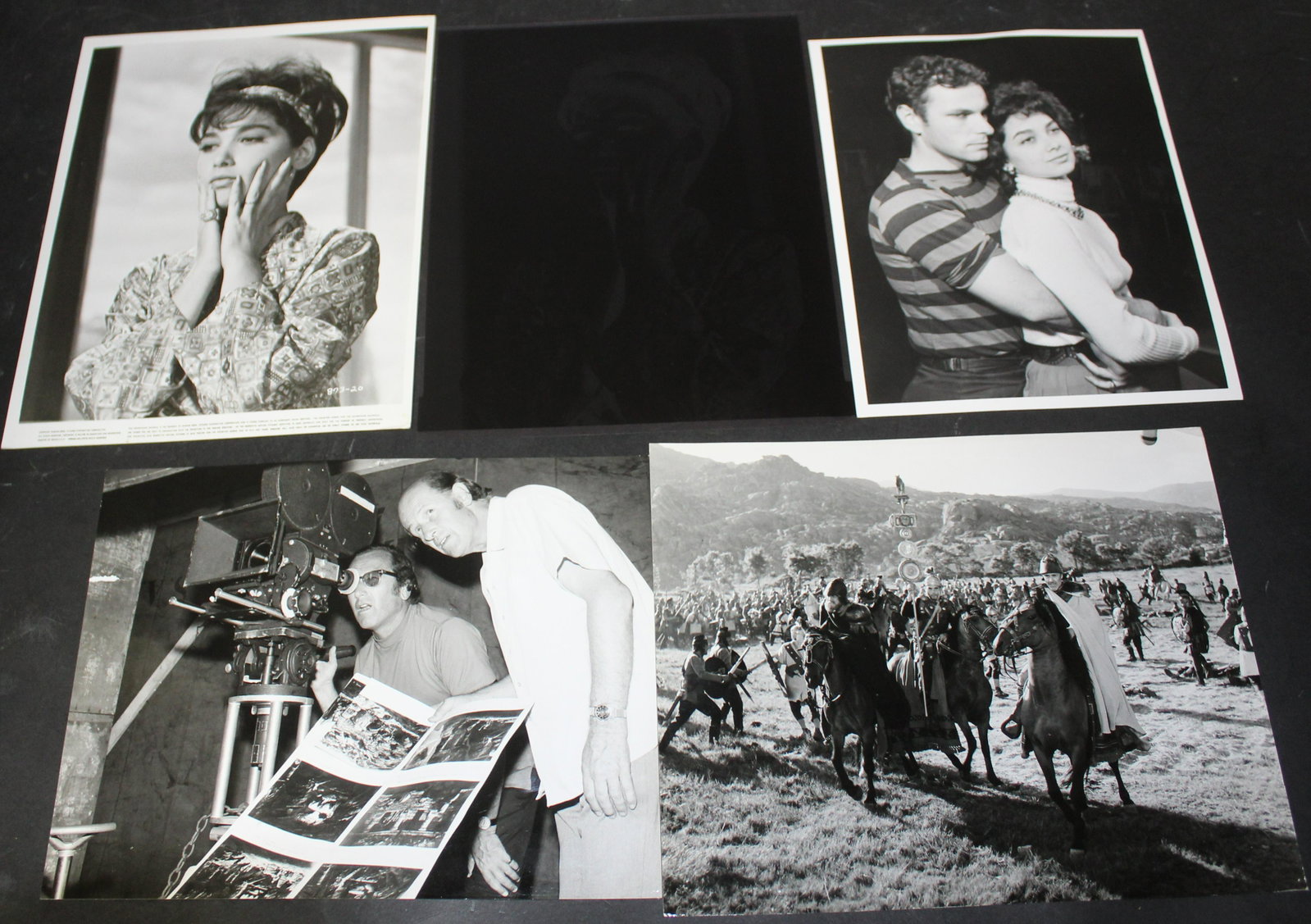 Hollywood Photographs and Negative (5): Rip Torn and Suzanne Pleshette; Suzanne Pleshette and the original negative; Roy Harryhausen and Charles Shneer (Sinbad's Golden Voyage);and a Bert Cann photograph of Jason Robards leading his army ag