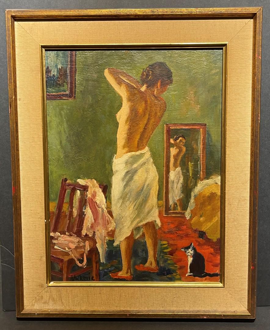 Marko Vukovic; 20thC. Modernist Oil “Nude in Mirror”: Marko (Mark) Walker Vukovic(1892-1973); 20thC. Modernist Oil on Board “Nude in Mirror” Signed lower left; 16in. X 12in.(image), 20.5in. X 16.5in.(framed)