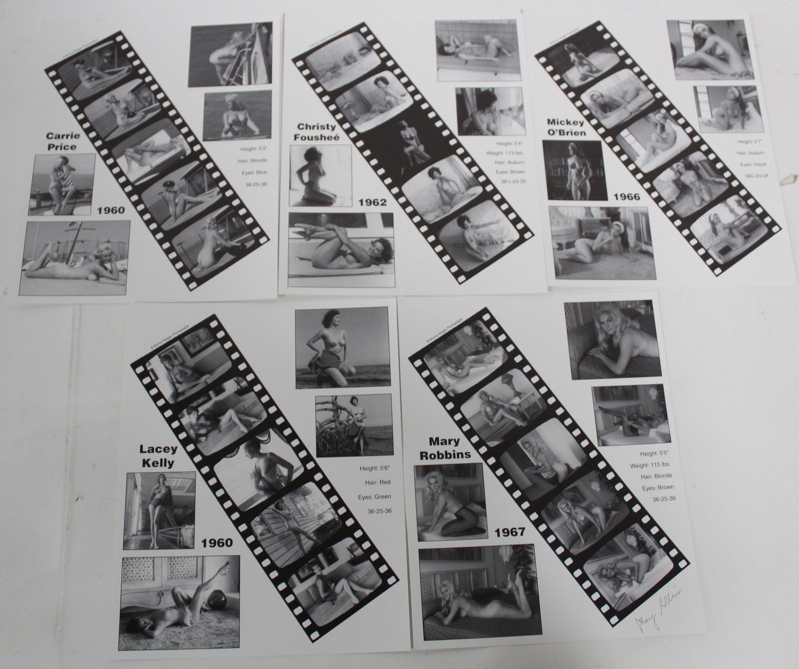 Bunny Yeager Model Collages (5). 1 Sgd.: Photo collage and measurables for Mary Robbins, Carrie Price Mickey O'Brien. Lacey Kelly, & Christy Foushee. Mary Robbins collage signed Mary Robbins. All 8 x 10.