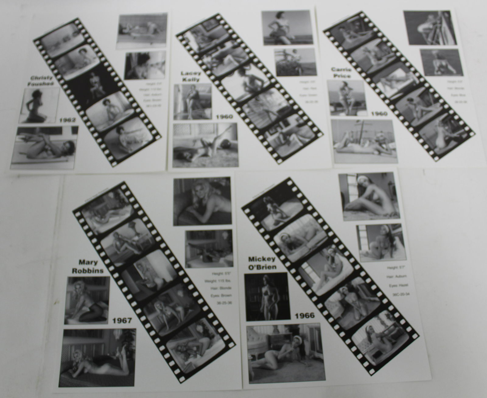 Bunny Yeager Model Collages (5): Photo collage and measurables for Mary Robbins, Carrie Price Mickey O'Brien. Lacey Kelly, & Christy Foushee. All 8 x 10.