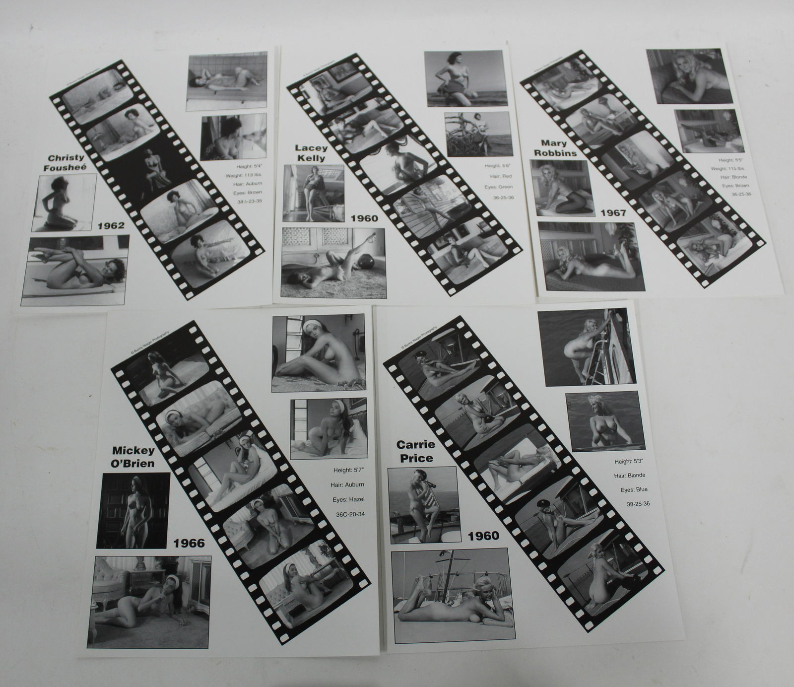 Bunny Yeager Model Collages (5): Photo collage and measurables for Mary Robbins, Carrie Price Mickey O'Brien. Lacey Kelly, & Christy Foushee. All 8 x 10.