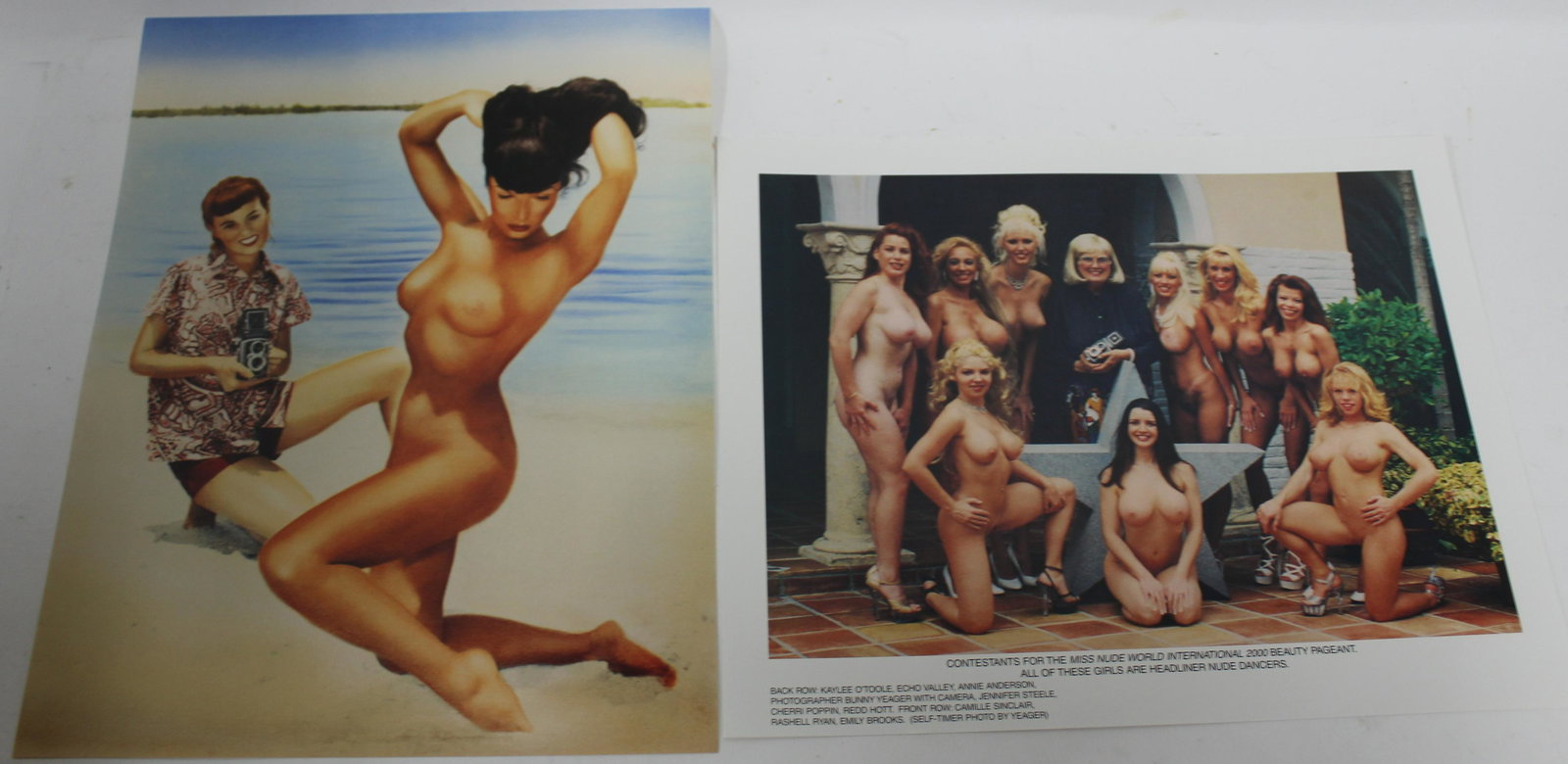 (100 )11x14 Photos: (2) Poses. First Pose, Color Photo of Bunny Yeager Taking Photo of Bettie Page on Beach Second Photo Bunny Yeager Poses With Contestants From "miss World International 2000 Beauty Pageant"..