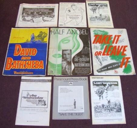 TEN PRESSBOOKS / CAMPAIGN BOOKS: Any Wednesday, Warner Bros, Jane Fonda, 19 pages; David and Bathsheba, 20th C. Fox, Gregory Peck, 24 pages; Half Angel, 20th C. Fox, Frances Deed, 11 pages (F); Take It Or Leave It, 20th C. Fox, Phil 