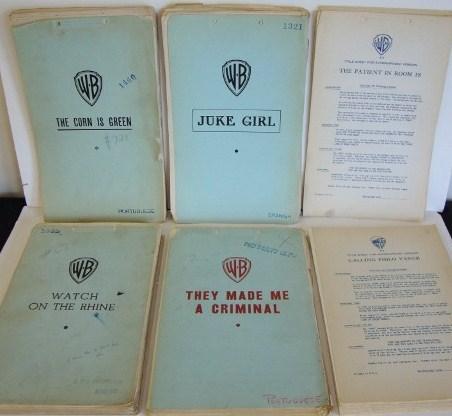 SIX WARNER BROS SCRIPTS AND ONE OTHER: 1939 "Down To The Sea in Ships." Treatment by Curtis Kenyon and Elmer Clifton marked Mr. Clifton on first page; five Warner Bros., scripts including Calling Philo Vance starring James Stephenson (fold