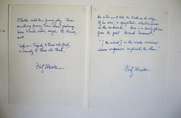 TWO FRITZ WEAVER ALS: Handwritten notes in blue pen on two 8-1/2 x 11 sheets. "Othello would be a funny play. There's something funny to me about jealousy. Some French critic, maybe Ste. Beuve, said: 'Life is a tragedy to 