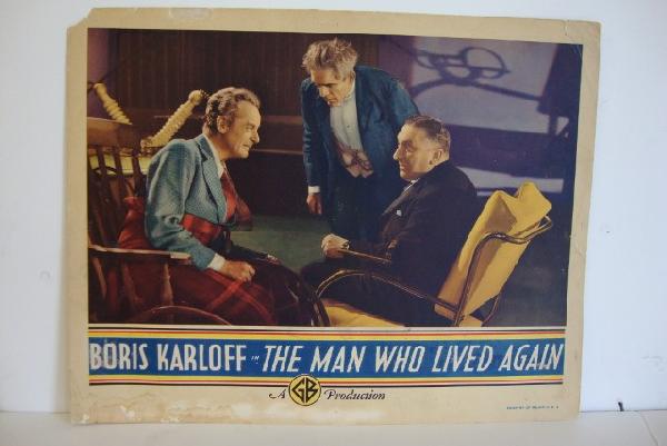 THE MAN WHO LIVED AGAIN LOBBY CARD: Gainsborough Production, 1936. Boris Karloff, Lee, Loder. Backstamp Collection of Ron Borst. 11 x 14 F. (margin staining, upper left corner missing)