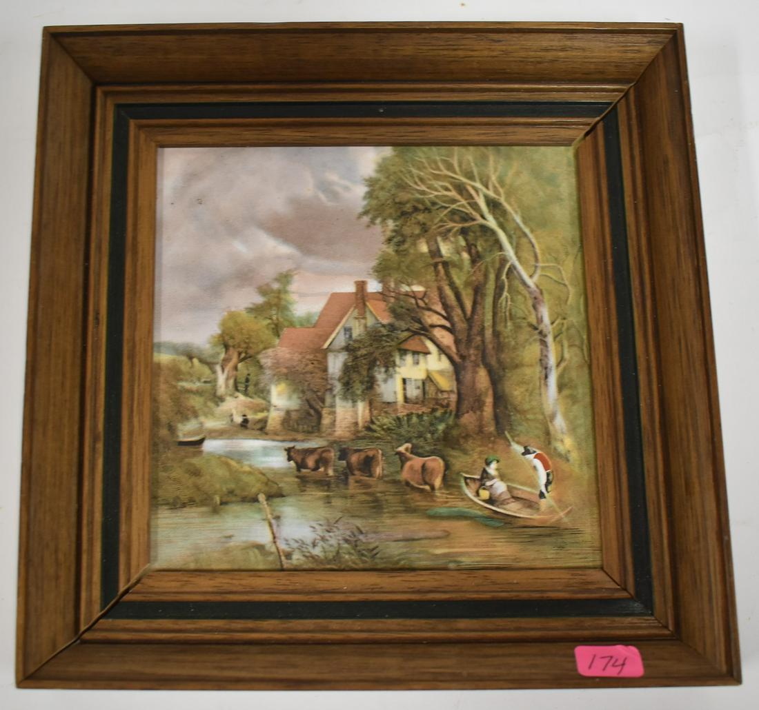 Villeroy & Bach Tile Framed: Farmhouse Scene Cows Marked at the reverse V & B. . 8x8