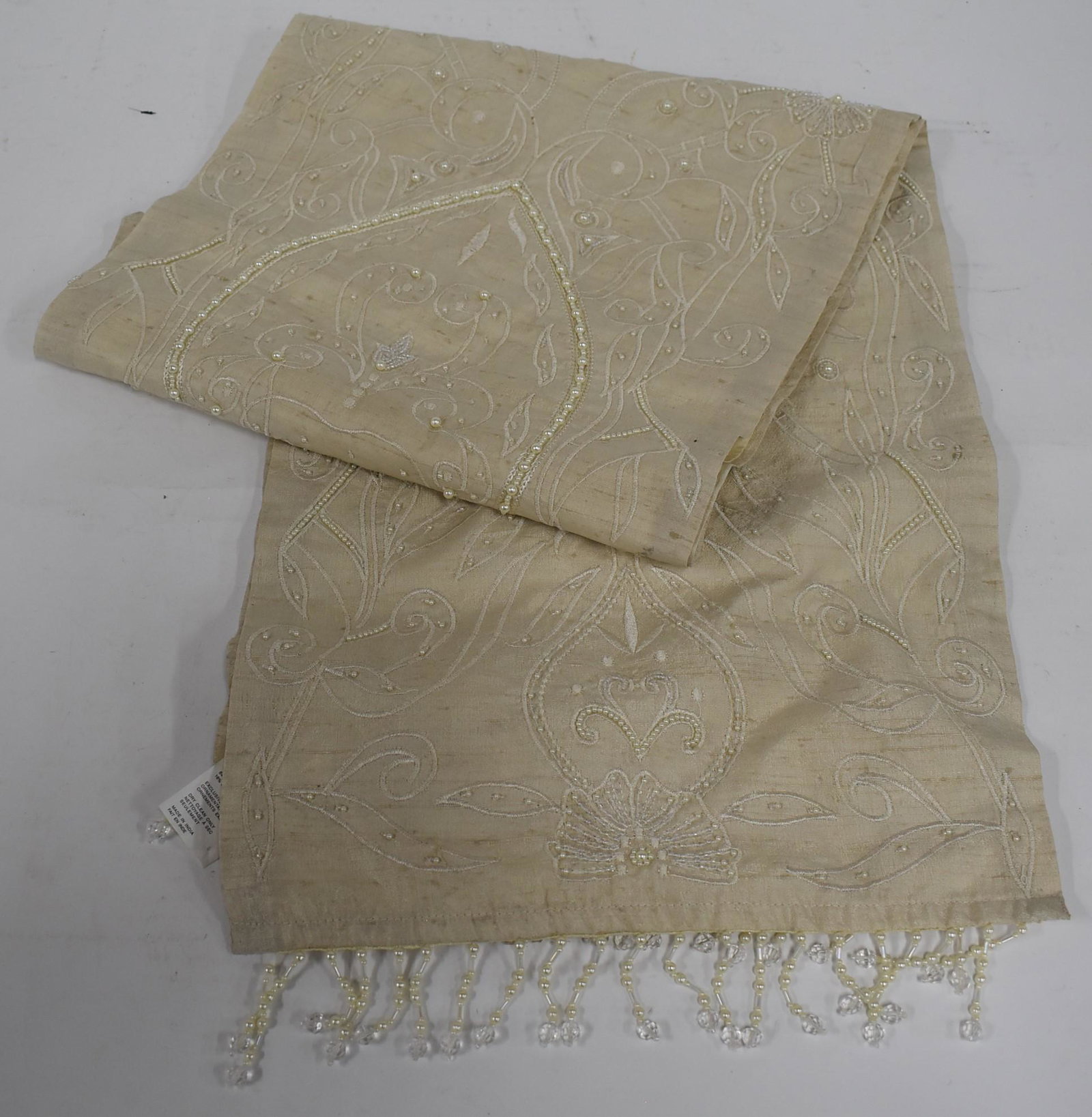 Table Runner With Pearls.: Table Runner 13x66 With Beads & Pearls Hanging AT Either End of Runner.