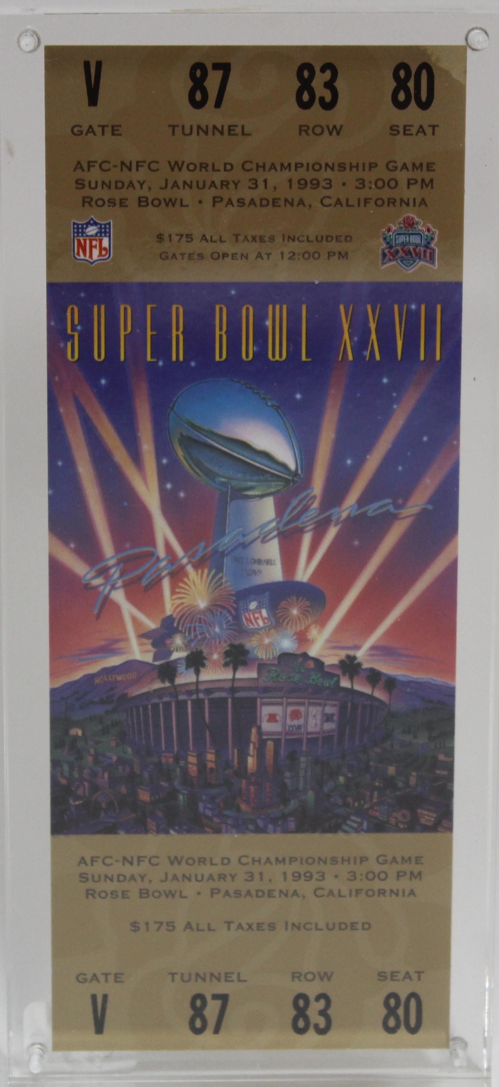 1993 Super Bowl XXVII Ticket: 6.5 in x 2.5 in.