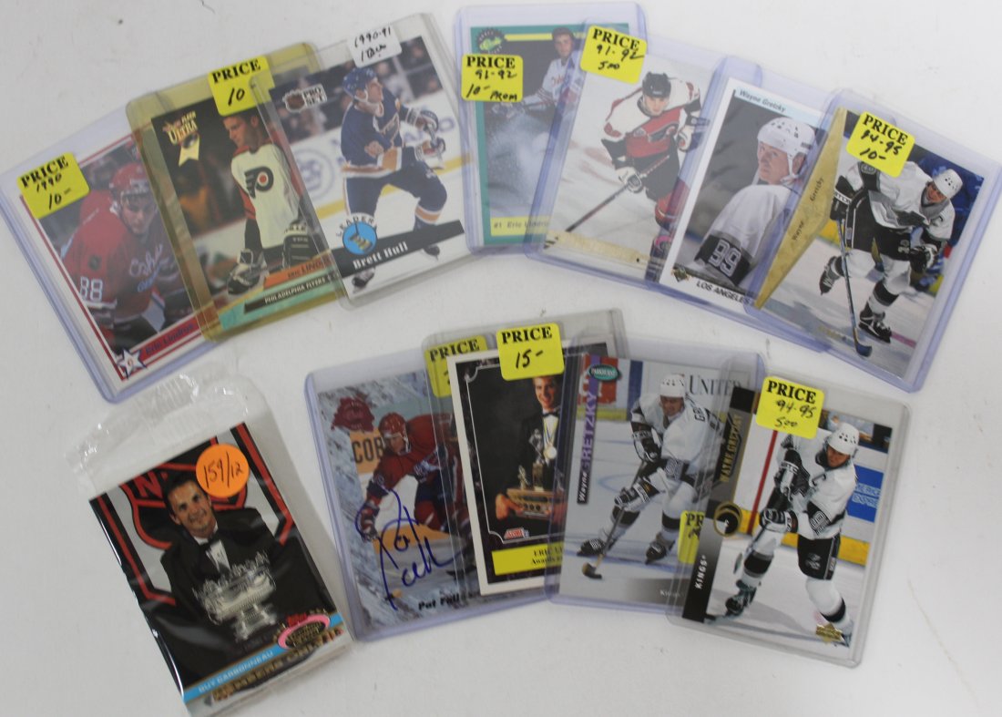 Hockey Cards (12): Sgd. Pat Fallon Card, Stadium Only Memories only Topps Pack,Eric Lindros Awards & Honors,Wayne Gretsky Los Angeles Kings.
