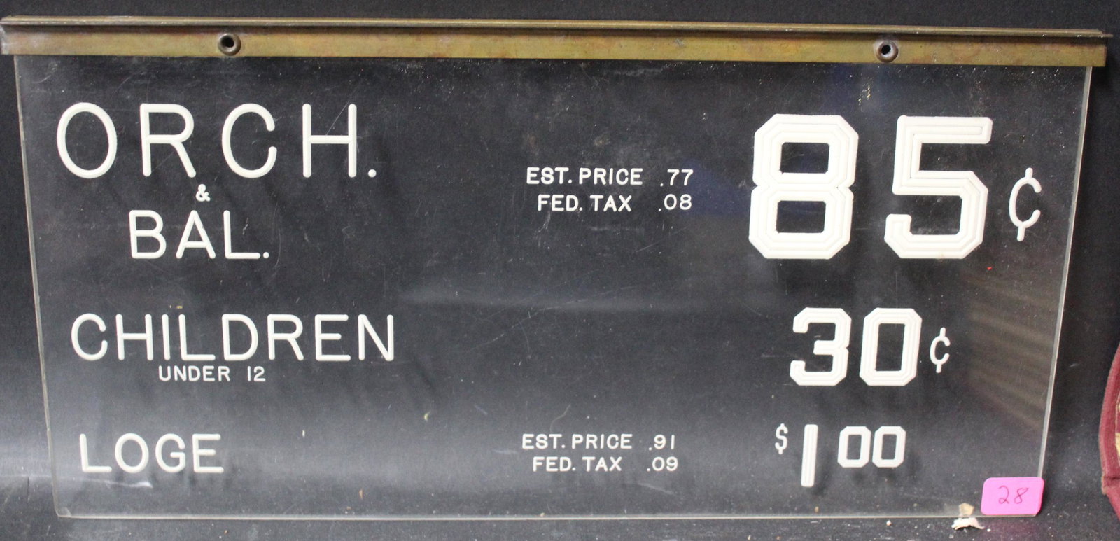 Orchestra Seat Price Lucite Sign: Small chip in lower left corner. 6 in H x 12.25 in W.