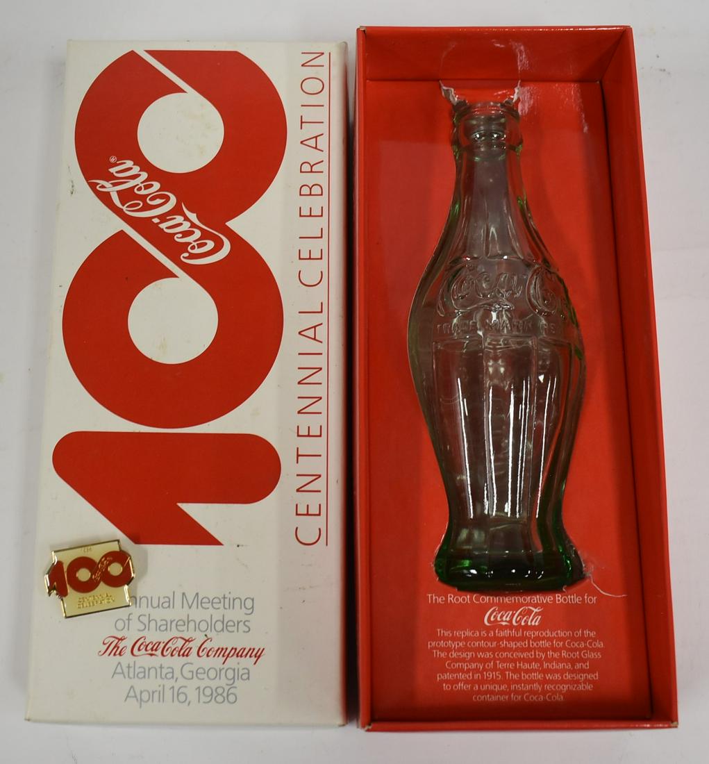 Coca Cola Centennial Bottle. 1986 & Pin