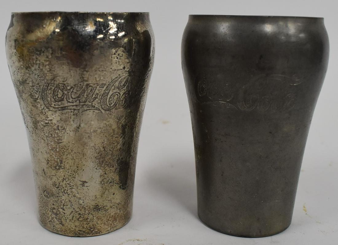 1930s Coca-Cola Metal Fountain Tumblers (2): Impressed Coca-Cola at the front. Marked Pewter KFC at the underside. 4"H