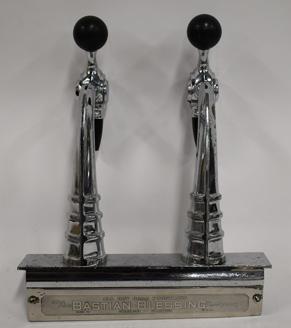 Vintage Chrome Double Faucet Soda Tap: The Bastian-Blessing Company. Made in the USA. Chicago, ILL.15 in H x 12.75 W.