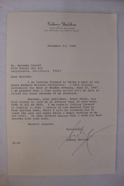 SIDNEY SHELDON, TLS: On Sidney Sheldon's L.A. letterhead, dated Nov. 13, 1986 to Mr. Barnaby Conrad in Carpinteria, California. "I am looking forward to being a part of the Santa Barbara Writers Conference… I am pleased