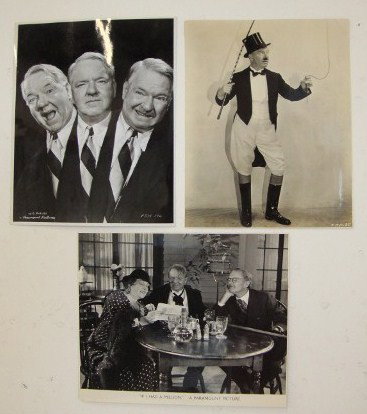 W.C. FIELDS MOVIE STILLS (APPROX 52): c/u of W.C. Fields artistic composition photo, shown with three faces (1); 3/4 length younger photo (1); Character photo from the movie "Sally Of The Sawdust" marked for cropping (1); scene from "Punc
