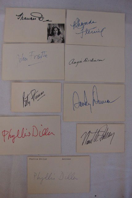 NINE AUTOGRAPHS DILLER, DEE, FLEMING: Nanette Fabray; Phyllis Diller (2); Sandy Duncan; Angie Dickinson; Betty Furness: John Forsythe; Frances Dee; Rhonda Fleming. All in ink. All on paper/card. 2-1/8 x 3-3/4 to 2-3/4 x 4-3/4. All VF