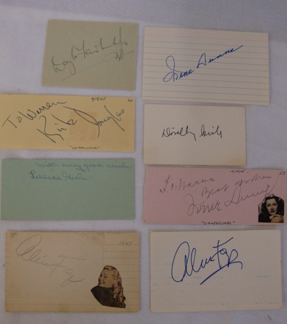 8 AUTOGRAPHS INC. D. & L. GISH,. FAYE, DUNNE : Douglas Fairbanks, Jr.; Dorothy Gish; Lillian Gish; Alice Faye (2); Irene Dunne (2); Kirk Douglas. All in ink, on paper or cards (except, Alice Faye, which is in pencil.) 2-1/2 x 3-1/2 to 3 x 5. All V