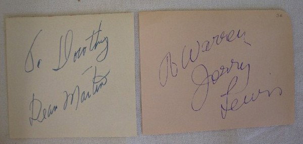DEAN MARTIN, JERRY LEWIS AUTOGRAPHS: To Warren, Jerry Lewis on pink album page. "To Dorothy, Dean Martin" on beige paper. 5 x 3-3/4; 4 x 3-1/2.