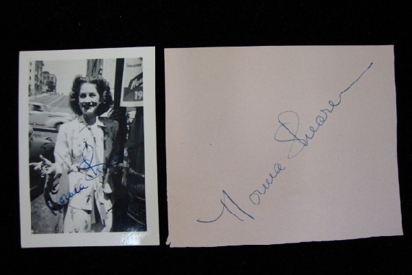 NORMA SHEARER SGD. CANDID PHOTO & AUTOGRAPH: Candid black and white snapshot of Norma Shearer signed in blue ink, "Norma Shearer" together with a second Norma Shearer autograph in blue ink on pink paper. 2-1/2 x 3-1/2; 4-1/4 x 3-1/4. VF.
