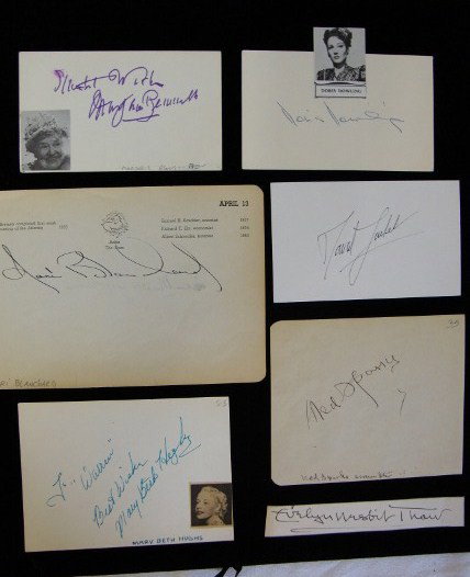 AUTOGRAPH LOT (25): Stepin Fetchit, George Reeves, Ben Carter (RKO, 1944), Phillips Holmes, Donald O'Connor, Fibber McGee & Molly, John Archer, Eddie Phillips (TLS), Ned Sparks, Mary Beth Hughes, Andy Russell, Minna Gomb