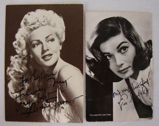 TWO SGD POSTCARDS TURNER AND ANGELI: Lana Turner inscribed signed French. postcard. An MGM glamour photo. Signed in blue ink "For Sylvia, Always My Very Best, Lana Turner" together with a Pier Angeli signed postcard photo. In black ink,
