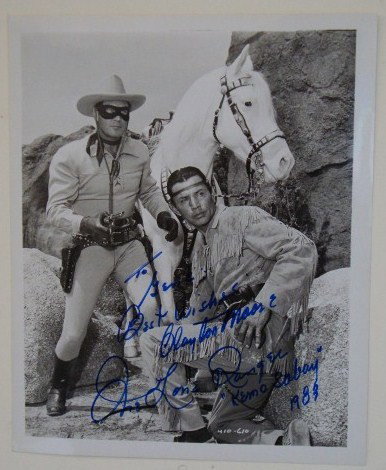 CLAYTON MOORE LONE RANGER ISP: Signed in blue ink. "To Gene, Best Wishes, Clayton Moore, The Lone Ranger "Kemo Sabay", 1983. 8 x 10