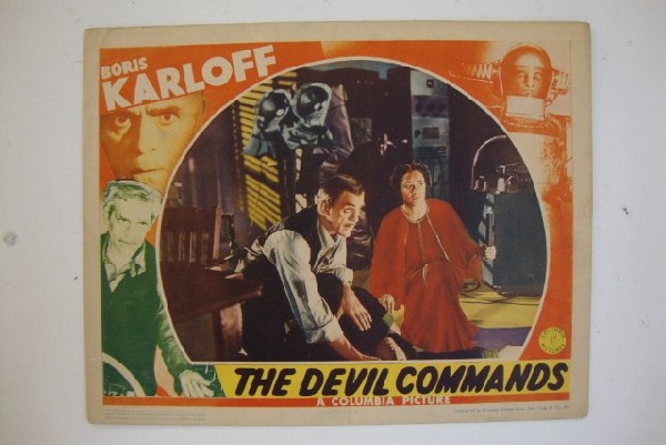 THE DEVIL COMMANDS LOBBY CARD: Columbia 1941 Boris Karloff 11x14 small margin tear right