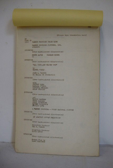 ALL THIS AND HEAVEN TOO -MOVIE SCRIPT: Betty Davis, Warner Bros. 184 complete english pages, dialogue script with spanish translation Artistic team and cast listing