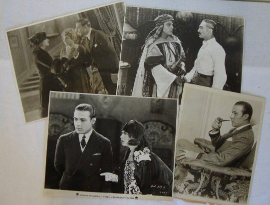 VALENTINO, NOVARRO, ROWLAND, CORTEZ 36 STILLS: VALENTINO: Cardboard stock c/u of Valentino (1); Movie scene from 1921's The Four Horsemen of The apocalypse (2); a scene from Paramounts Nov. 1921 film directed by George Melford - backstamp for The 