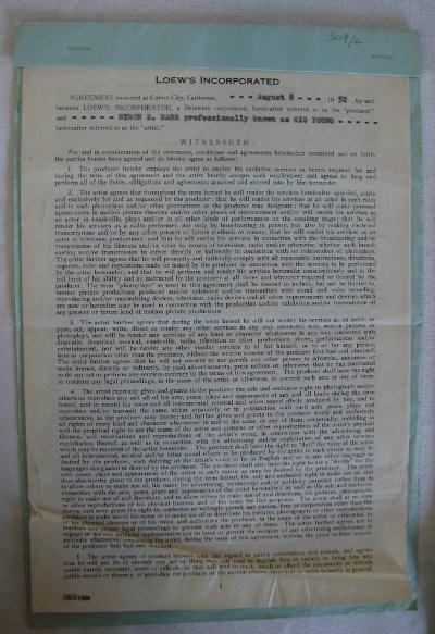 JACK OAKIE AND GIG YOUNG CONTRACTS: Contract for Byron E. Barr professionally known as Gig Young dated Aug 8, 1952 with Loew's. Culver City, Calif. For acting services. Signed Byron Barr AKA Gig Young & by the Vice President of Loews (8