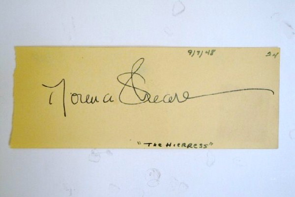 NORMA SHEARER AUTOGRAPH: In ink on paper, dated 9/7/48 and marked The Heirress (sic).