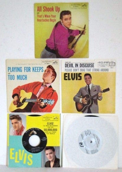 ELVIS PRESLEY RECORDS & RECORD SLEEVES (5): Stuck On You and Fame and Fortune, RCA Victor Record in original sleeve; You Gave Me a Molehill and Nearer My God To Thee, Creative Radio Shows marked Memphis '89 Free Souvenir disc for your Elvis Col