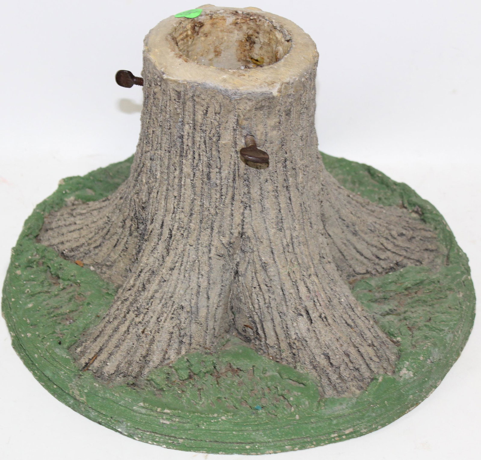 Antique Unusual Christmas Tree Holder: Heavy. Shaped as a tree trunk. 8 in x 13 in.