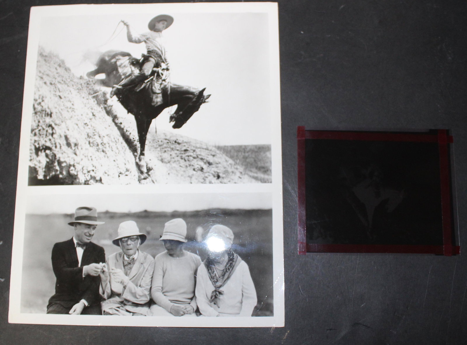 Will Rogers On Horse With Original Negative: The photo is a dual photo of the negative, Will Rogers on Horse, and Will Rogers with JD Rockefeller Sr. Photo 8 x 10, negative 4 x 5.