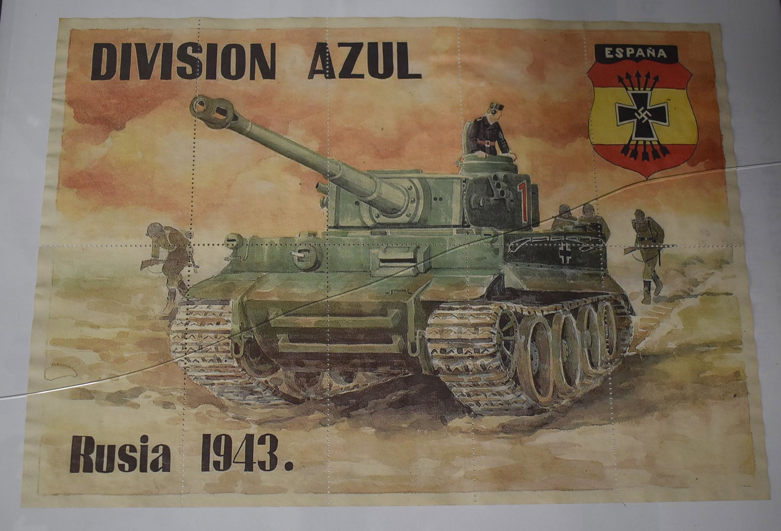Spanish Blue Division WW2 Ration Sheet 1943: Russian Front w/ Tiger Tank. Blue Division. This striking multi- color 8 x 12 food ration sheet is printed in Spanish. It is related to the Falangist or Fascist movement led by Francisco Franco that w