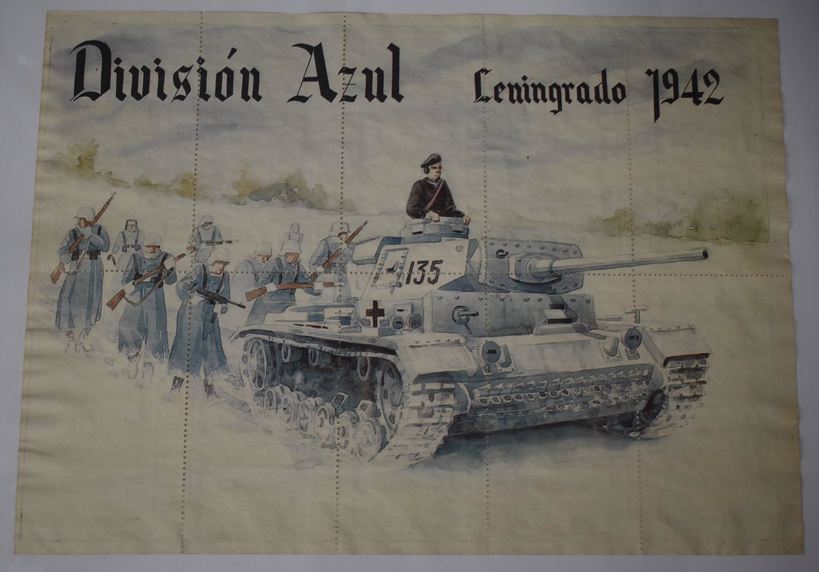 Blue Division. Leningrad Front 1942 Ration Sheet.: Spanish Blue Division WW2 Ration Sheet design. This striking multi- color 8 x 12 food ration sheet is printed in Spanish. It is related to the Falangist or Fascist movement led by Francisco Franco tha