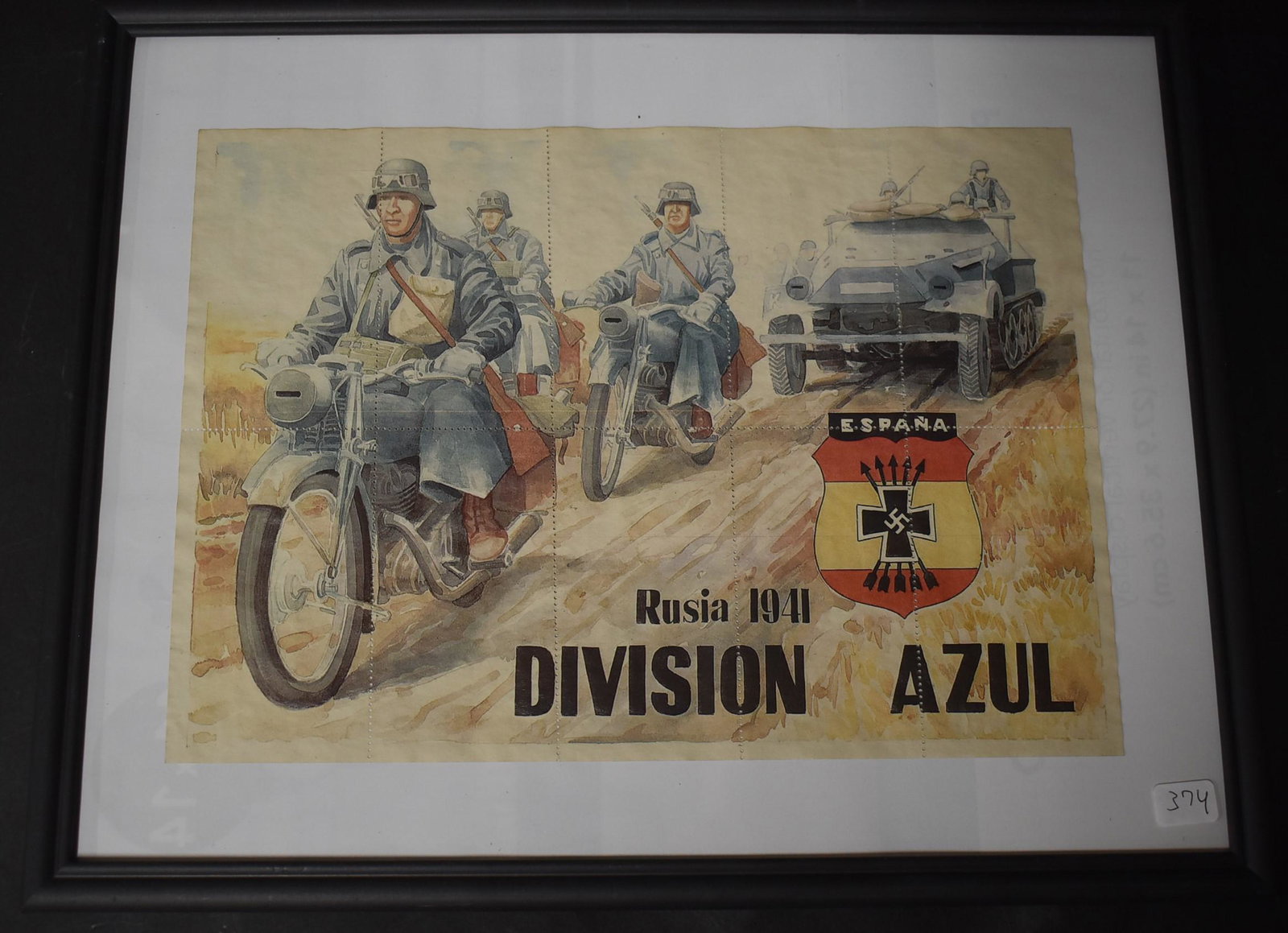 Russian Front 1941 Blue Division Motorcycle Ration: Spanish Blue Division WW2 Ration Sheet design. This striking multi- color 8 x 12 food ration sheet is printed in Spanish. It is related to the Falangist or Fascist movement led by Francisco Franco tha