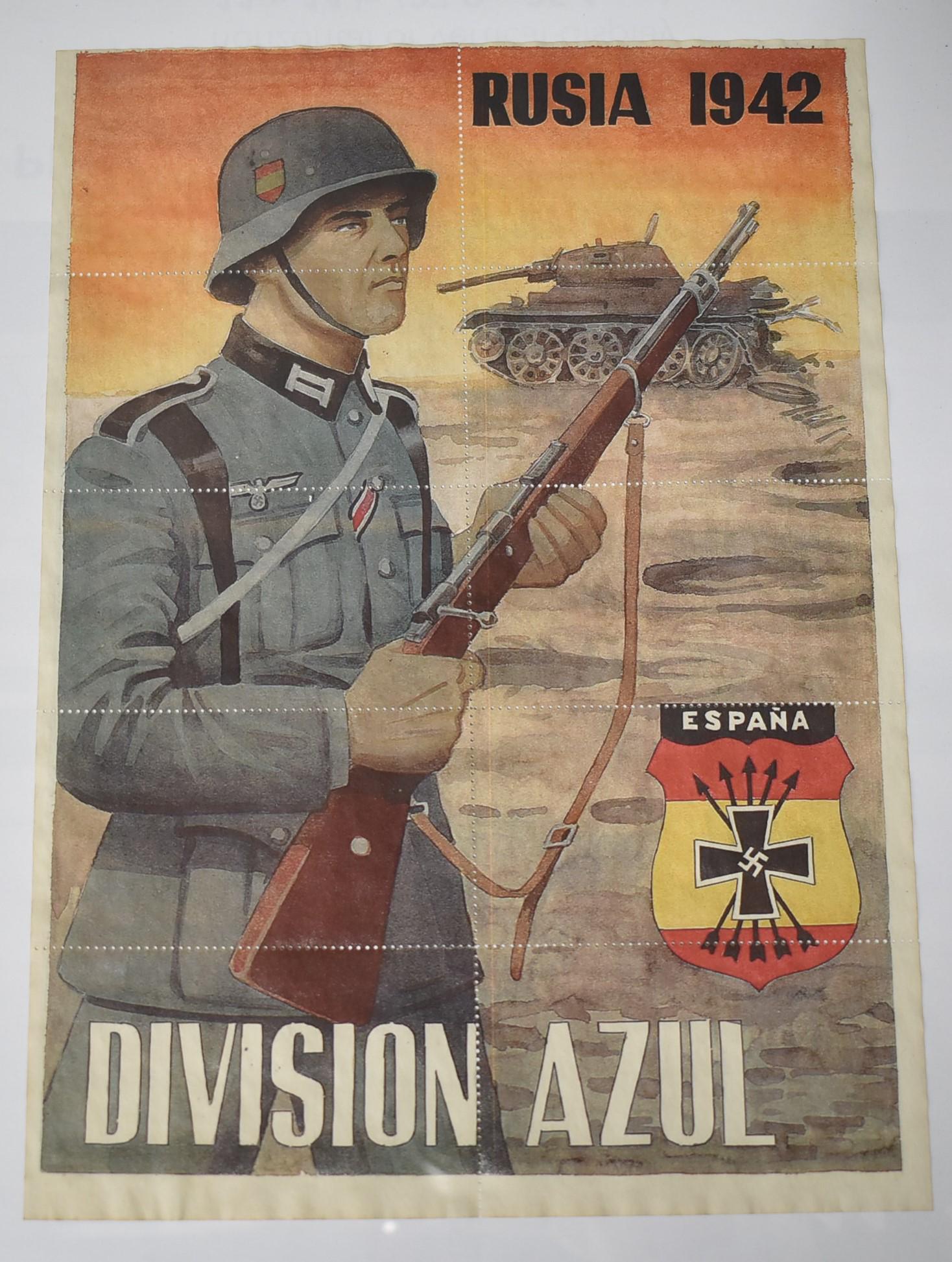 Blue Division on Russian Front 1942. Ration Sheet.: Spanish Blue Division WW2 Ration Sheet design. This striking multi- color 8 x 12 food ration sheet is printed in Spanish. It is related to the Falangist or Fascist movement led by Francisco Franco tha