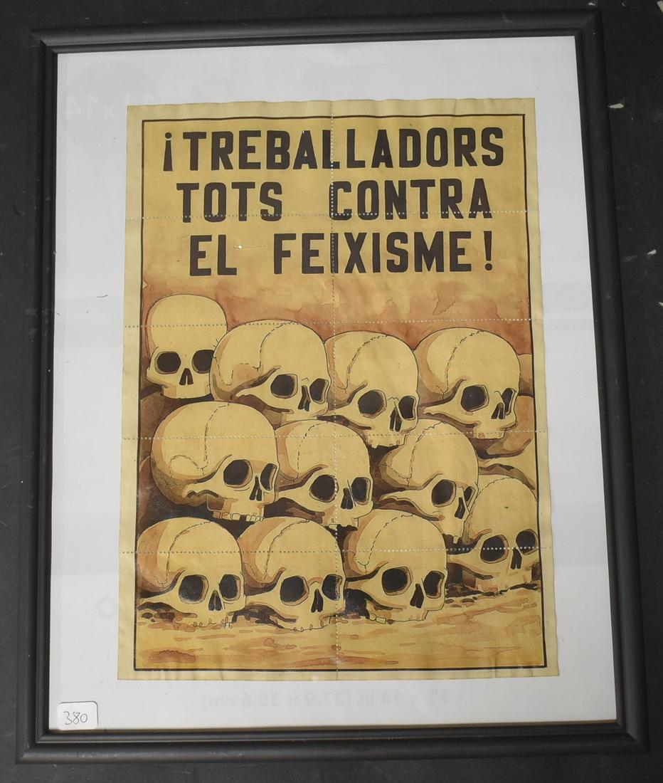 Spanish Civil War Stacked Skulls Ration Sheets: Spanish Blue Division WW2 Ration Sheet design. This striking multi- color 8 x 12 food ration sheet is printed in Spanish. It is related to the Falangist or Fascist movement led by Francisco Franco tha
